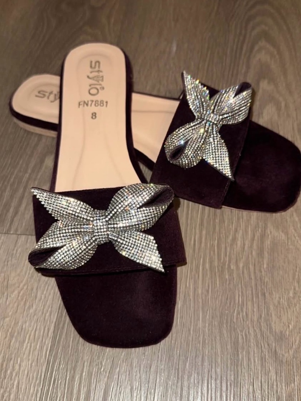 Black Crystal Bow Slide Sandals